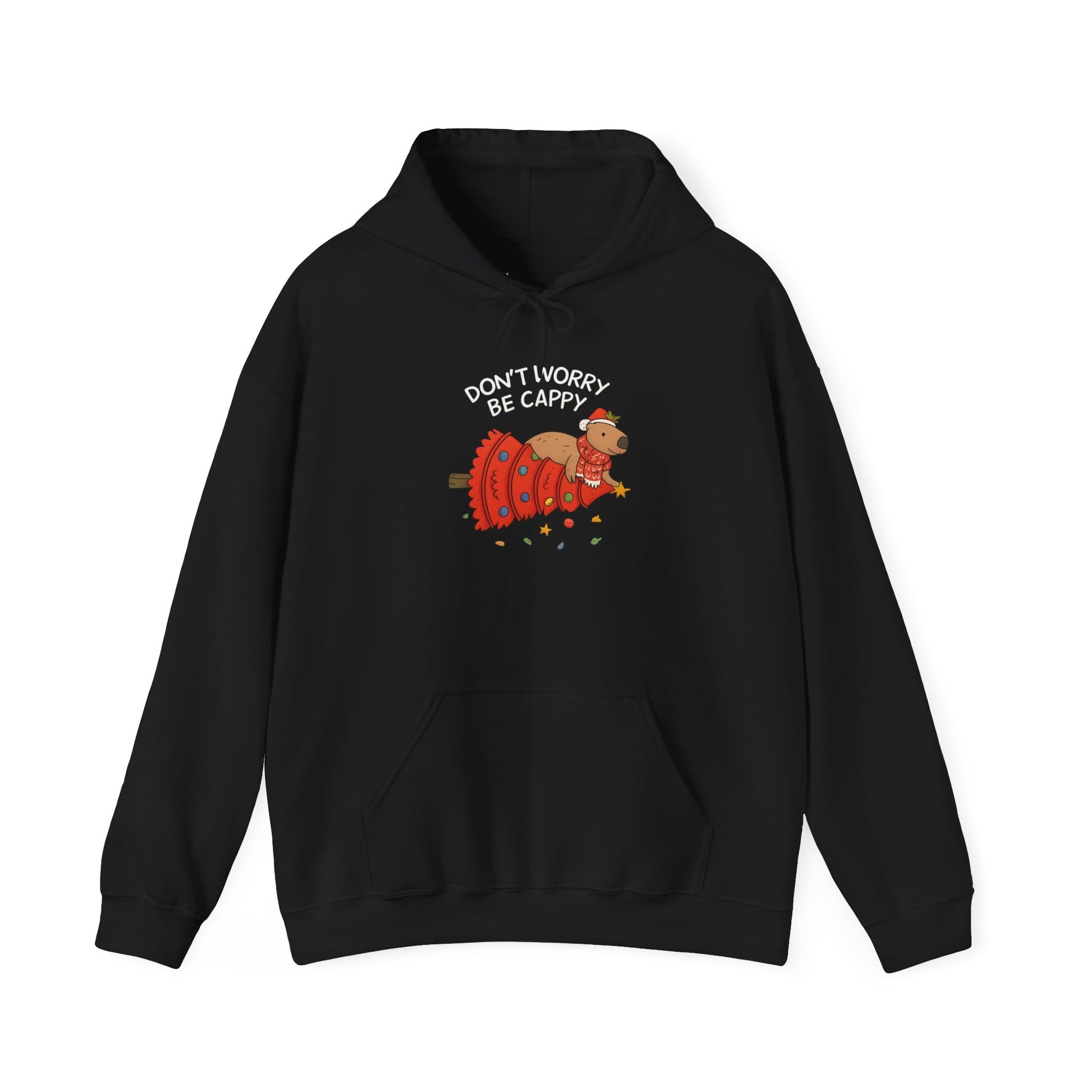 Hoodie — "Don’t Worry, Be Cappy" Cute Capybara Christmas Holiday Hoodie  Printify Choice • Gildan 18500 3 colors • 6 sizes • Total 15 variants All in stock Published