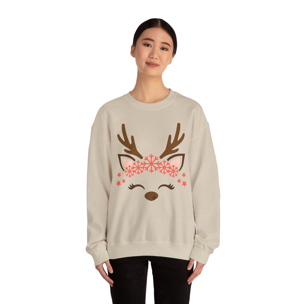 Reindeer Face Crewneck Sweatshirt — Cute Snowflake Antler Holiday Sweatshirt