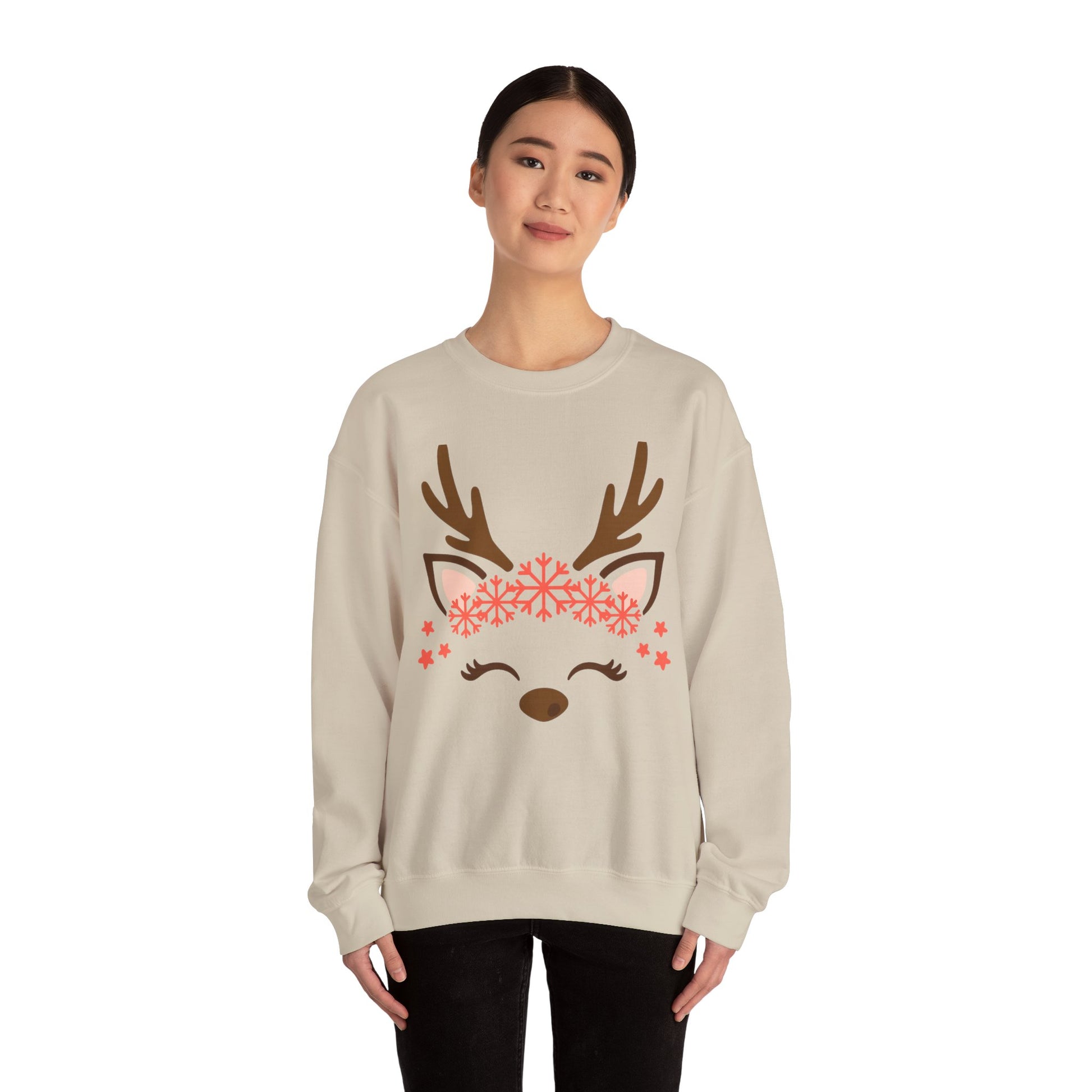 Reindeer Face Crewneck Sweatshirt — Cute Snowflake Antler Holiday Sweatshirt