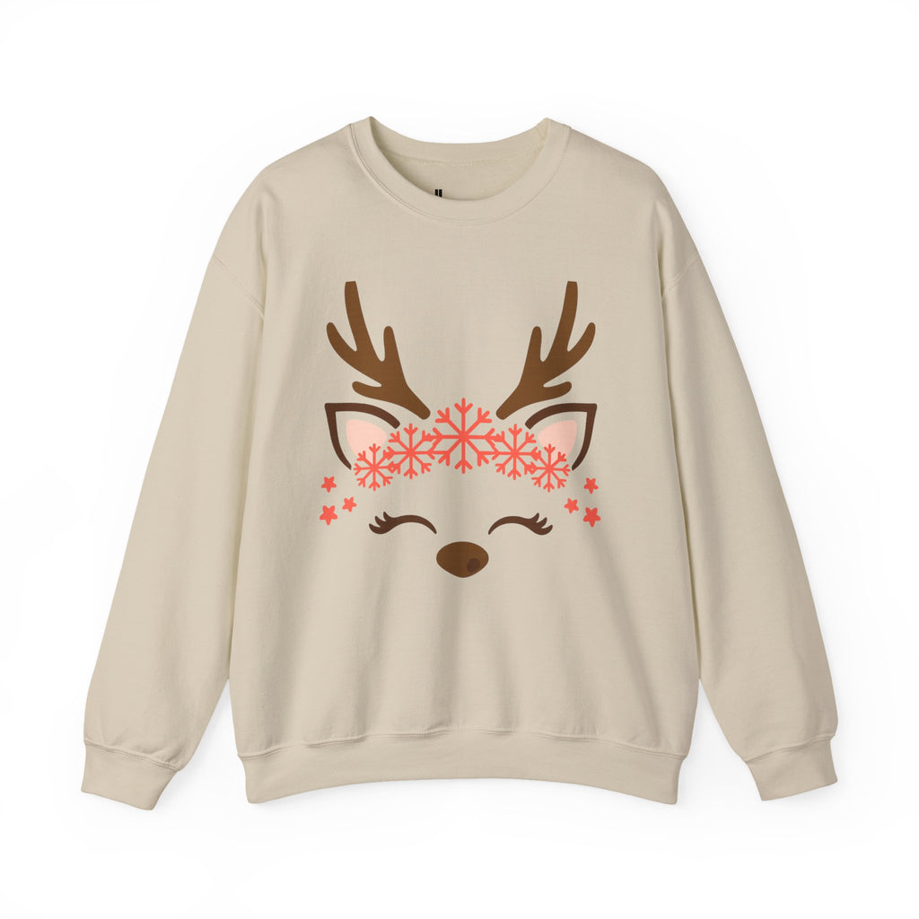 Reindeer Face Crewneck Sweatshirt — Cute Snowflake Antler Holiday Sweatshirt