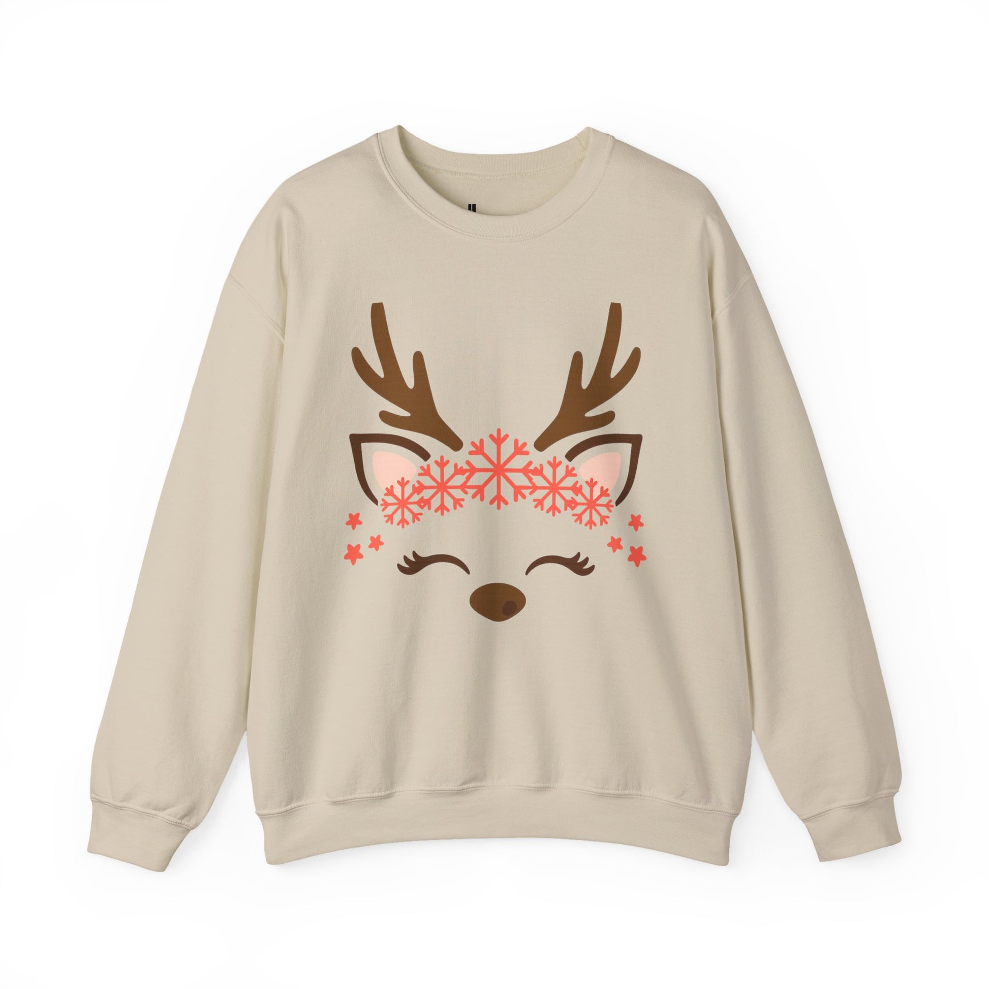 Reindeer Face Crewneck Sweatshirt — Cute Snowflake Antler Holiday Sweatshirt