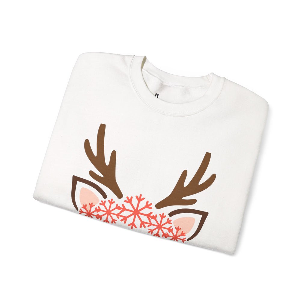 Reindeer Face Crewneck Sweatshirt — Cute Snowflake Antler Holiday Sweatshirt