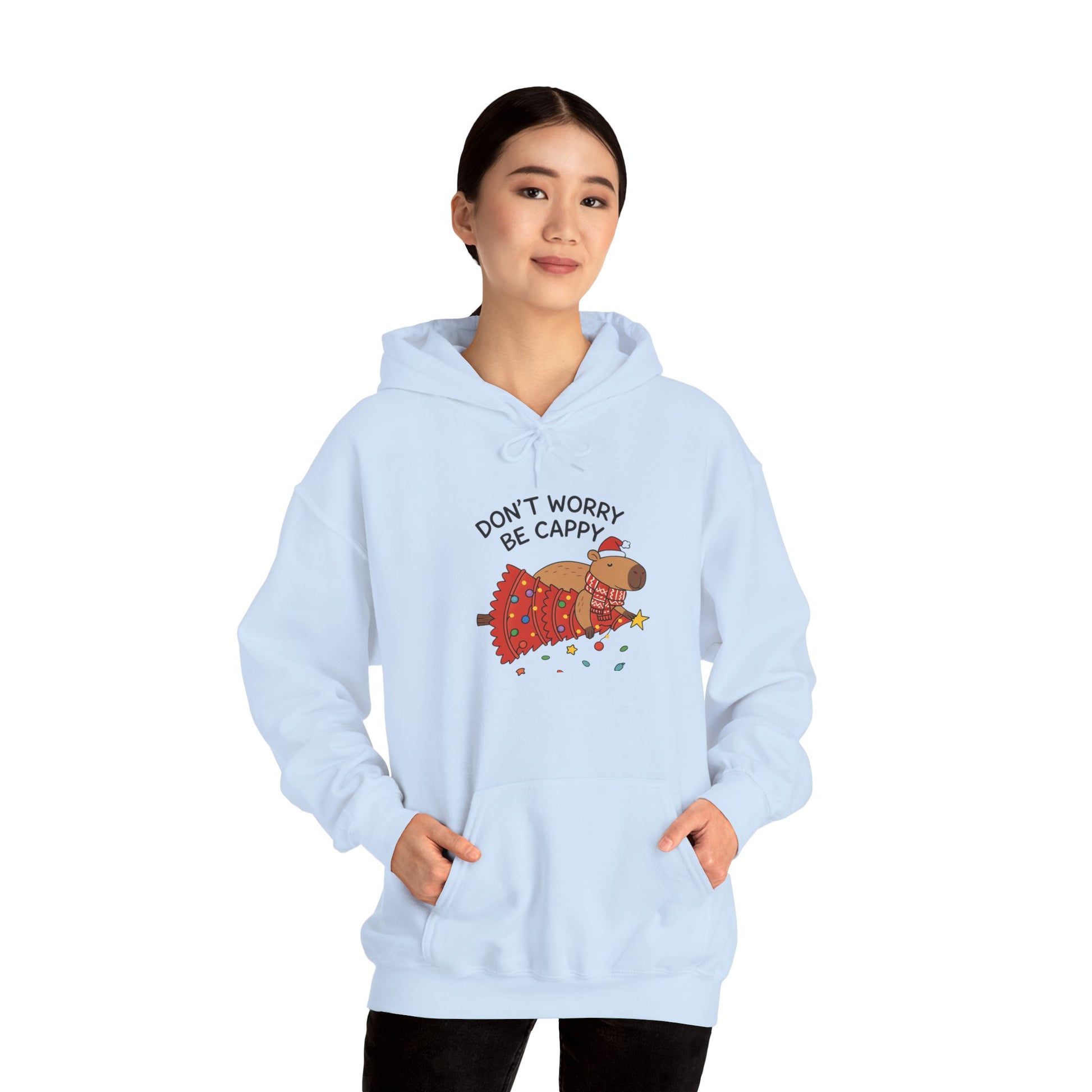 Hoodie — "Don’t Worry, Be Cappy" Cute Capybara Christmas Holiday Hoodie