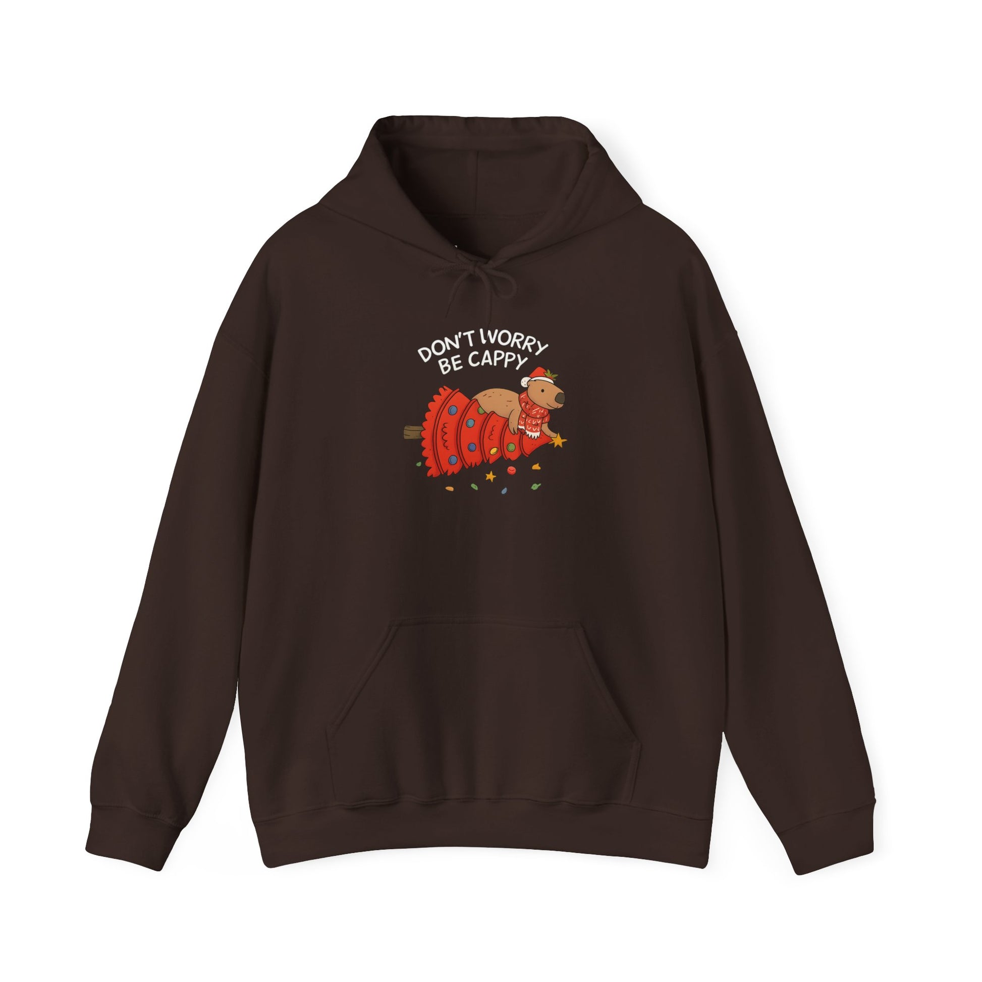 Hoodie — "Don’t Worry, Be Cappy" Cute Capybara Christmas Holiday Hoodie  Printify Choice • Gildan 18500 3 colors • 6 sizes • Total 15 variants All in stock Published