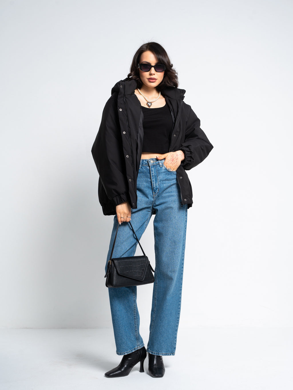 Women’s Transformer Puffer Jacket – 2-in-1 Detachable Hood to Bomber Style | Black & Ivory Winter Outerwear