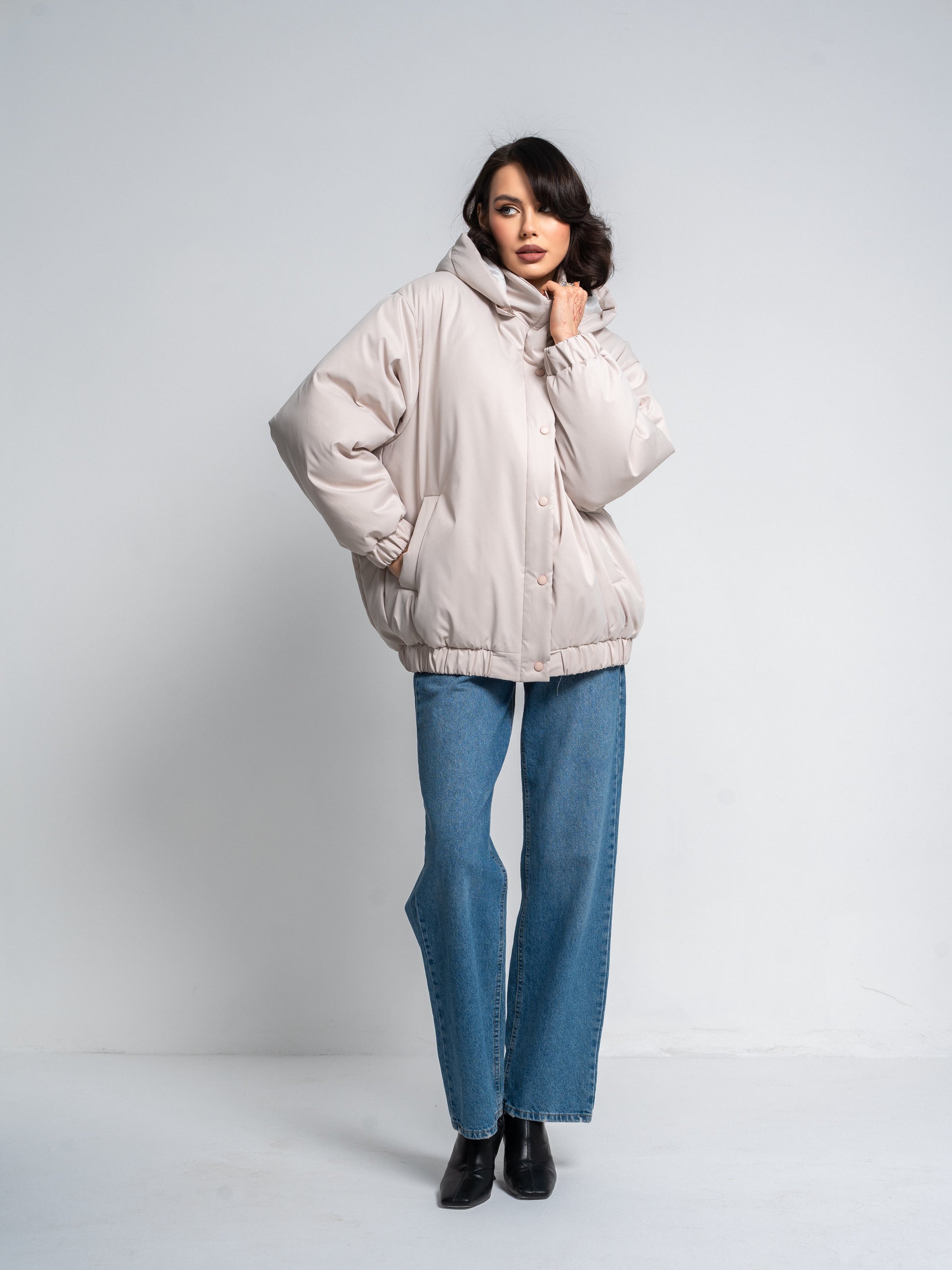 Women’s Transformer Puffer Jacket – 2-in-1 Detachable Hood to Bomber Style | Black & Ivory Winter Outerwear