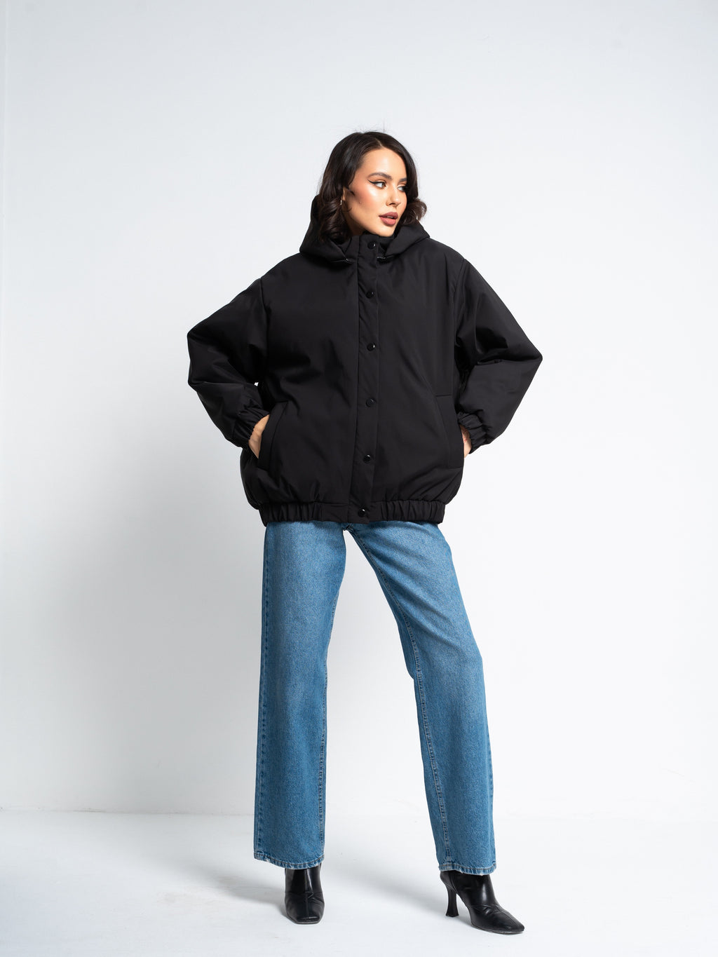 Women’s Transformer Puffer Jacket – 2-in-1 Detachable Hood to Bomber Style | Black & Ivory Winter Outerwear
