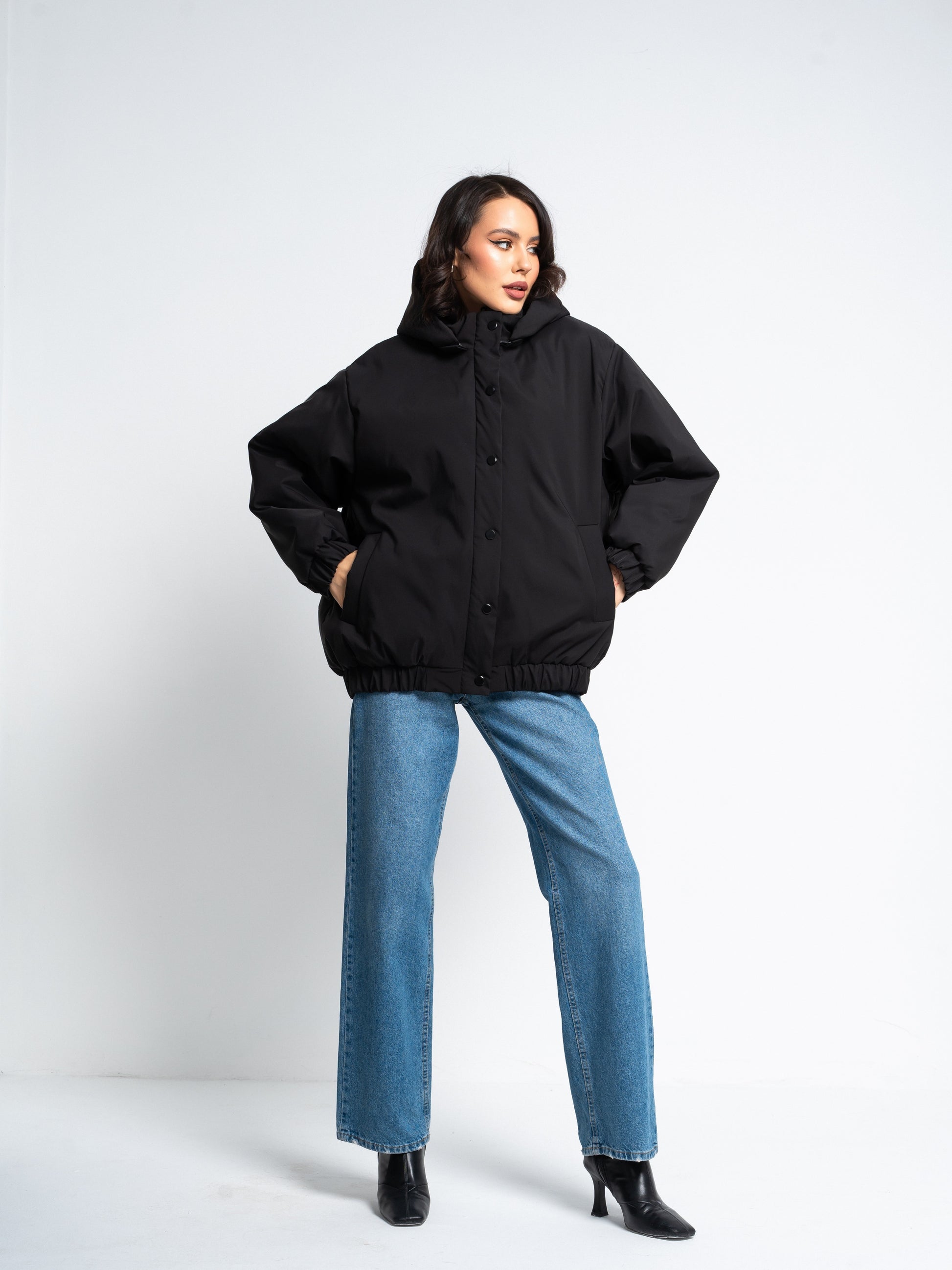 Women’s Transformer Puffer Jacket – 2-in-1 Detachable Hood to Bomber Style | Black & Ivory Winter Outerwear