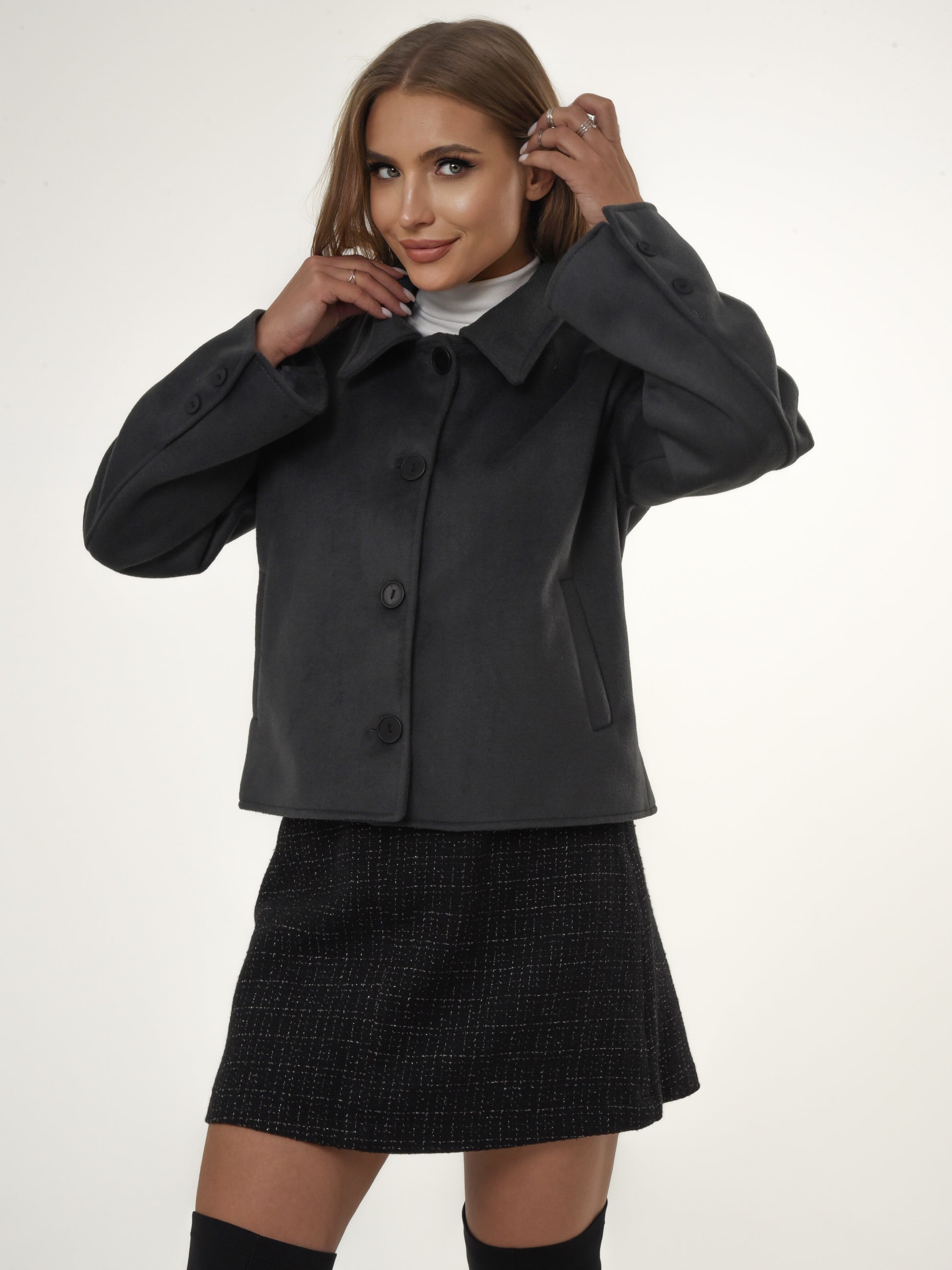 Women’s Wool-Cashmere Cropped Coat – Elegant Winter Jacket in Sky Blue & Graphite | RPMcreation