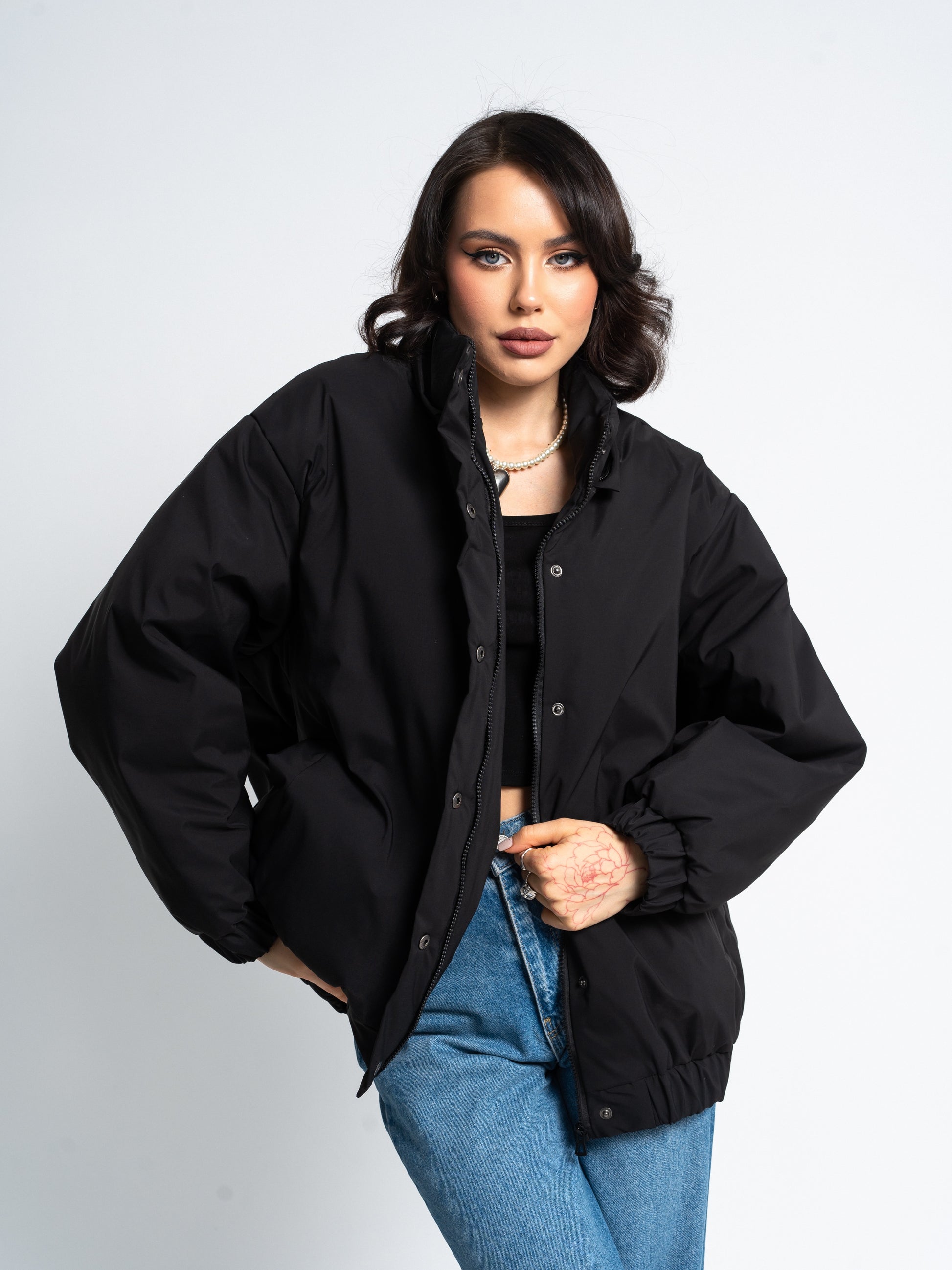 Women’s Transformer Puffer Jacket – 2-in-1 Detachable Hood to Bomber Style | Black & Ivory Winter Outerwear