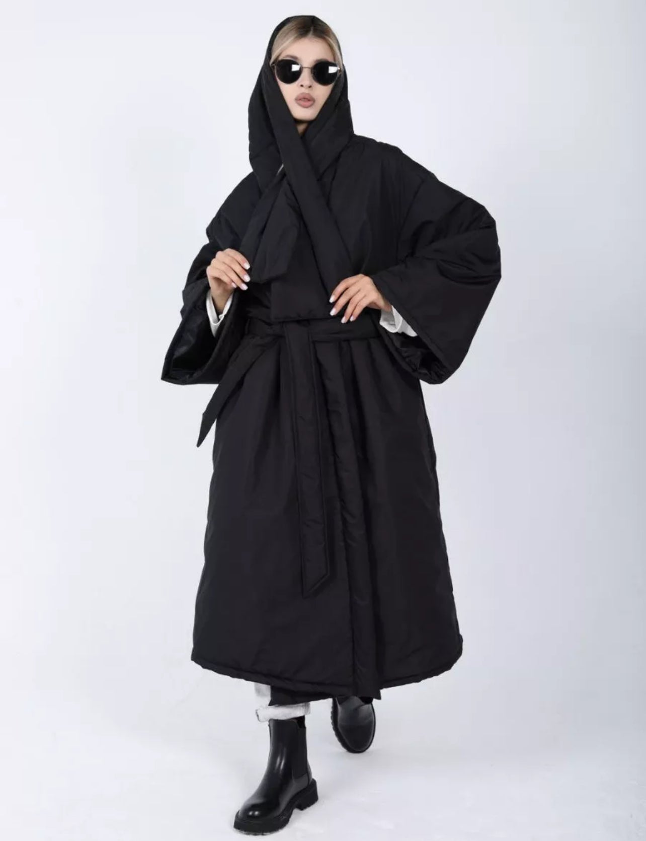Women's Black Oversized Belted Jacket – Futuristic Streetwear Winter Fashion | RPMcreation